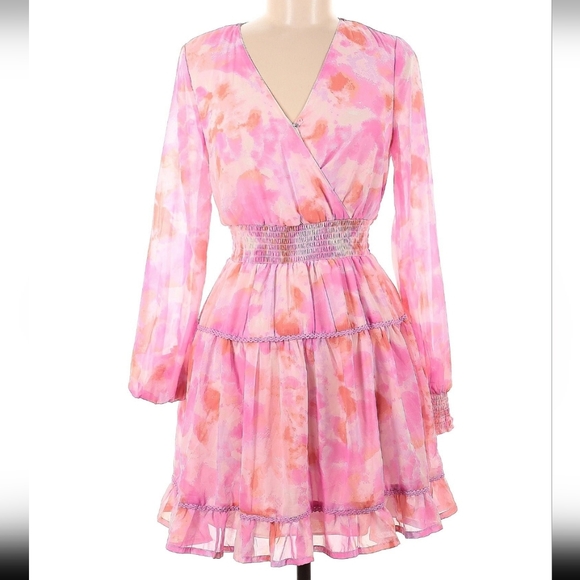 Japna Dresses & Skirts - Japna Pink Tie Dye Watercolor Long Sleeve Boho Ruffle Babydoll Dress
